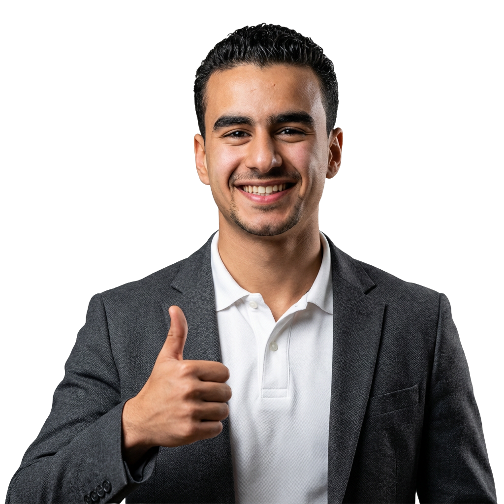 Un homme souriant portant un blazer gris et un polo blanc, faisant un geste de pouce levé avec sa main droite.