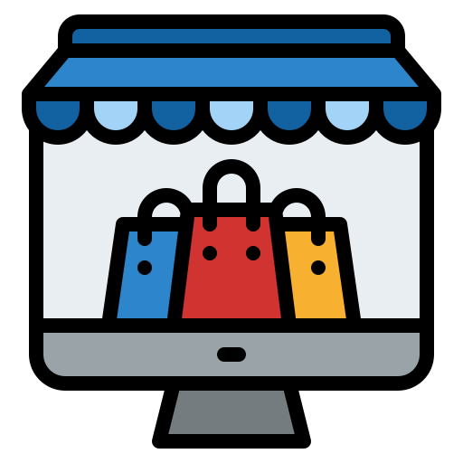 Une illustration d'un ordinateur affichant une interface de magasin en ligne avec des sacs d'achats sur l'écran et une interface en couleur bleue.